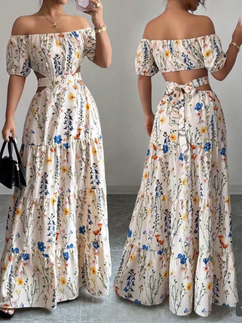 Off-Shoulder Floral Maxi Dress in Cream with Blue & Yellow Flowers with Tie Back